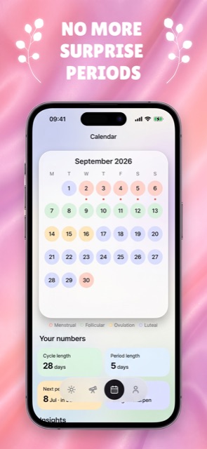 Period prediction calendar in Hormoscope showing phase-colored days, cycle length and period length
