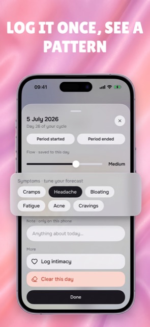 Symptom logging in Hormoscope — cramps, headache, bloating, fatigue, acne and cravings logged in one tap to reveal PMS patterns