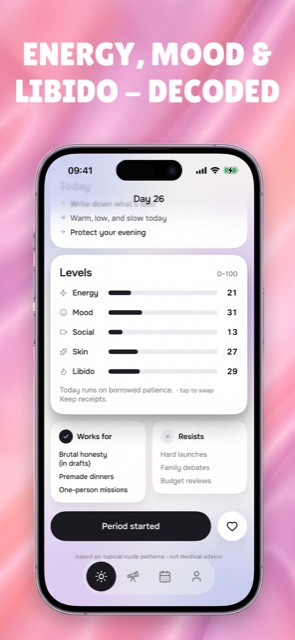 Five live hormone meters in Hormoscope — energy, mood, social battery, skin and libido scored 0 to 100 by cycle phase