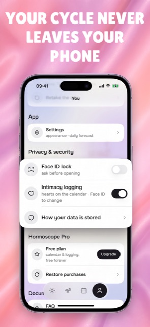 Privacy settings in Hormoscope — Face ID lock and on-device storage so your cycle never leaves your phone